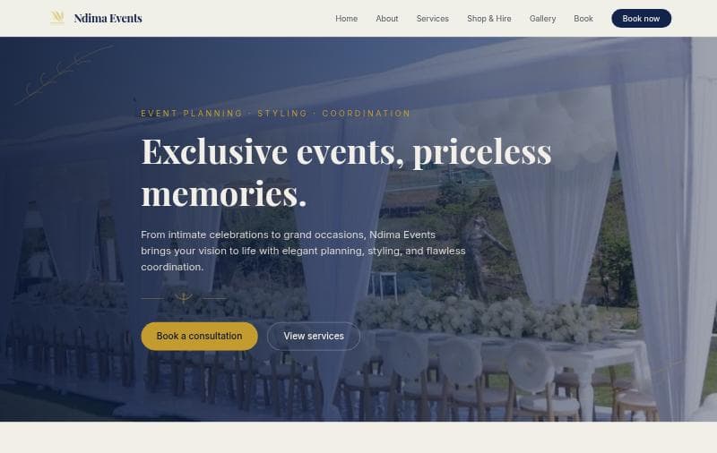 The Ndima Events home page: a styled marquee table set with white flowers under the headline “Exclusive events, priceless memories.”